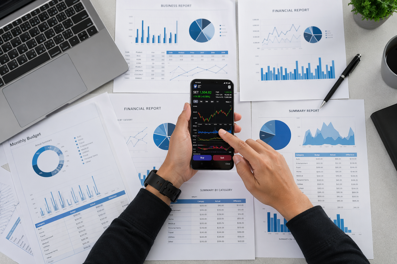 Business person reviews financial data and graphs on a mobile device surrounded by reports.